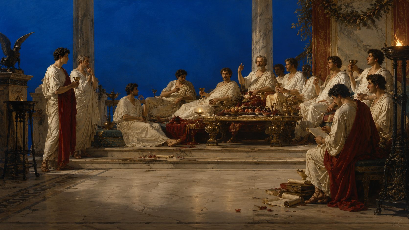 Banquete romano em salão com colunas